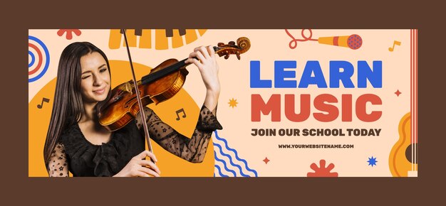 Flat music school classes and education social media cover template