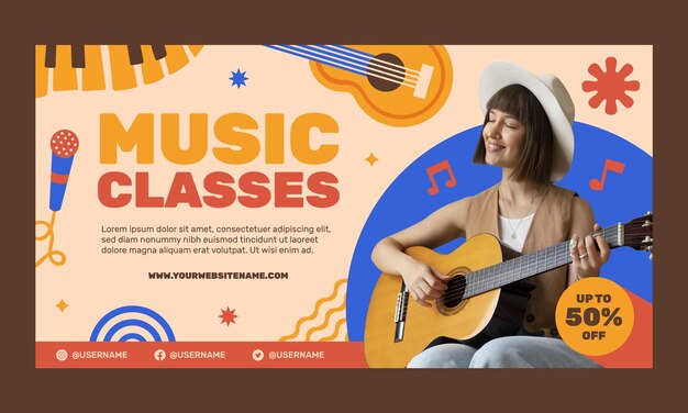 Flat music school classes and education social media promo template