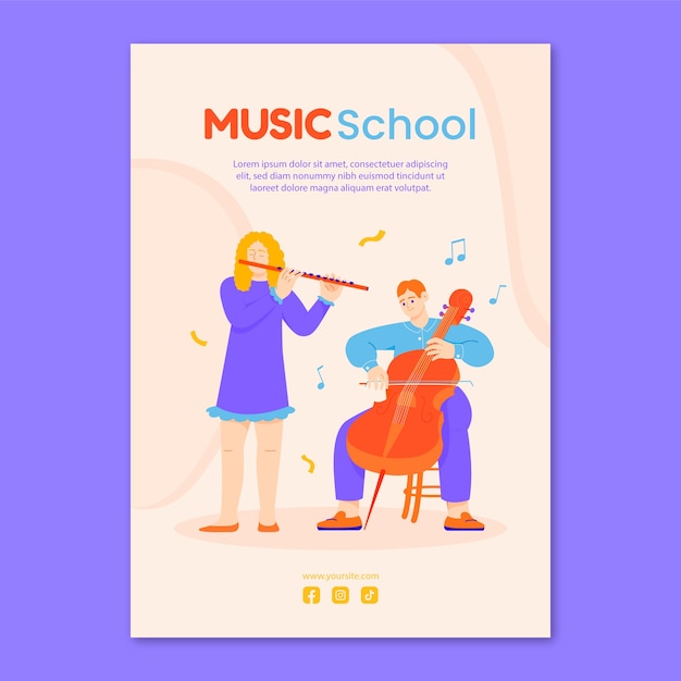 Flat music school classes and education vertical poster template