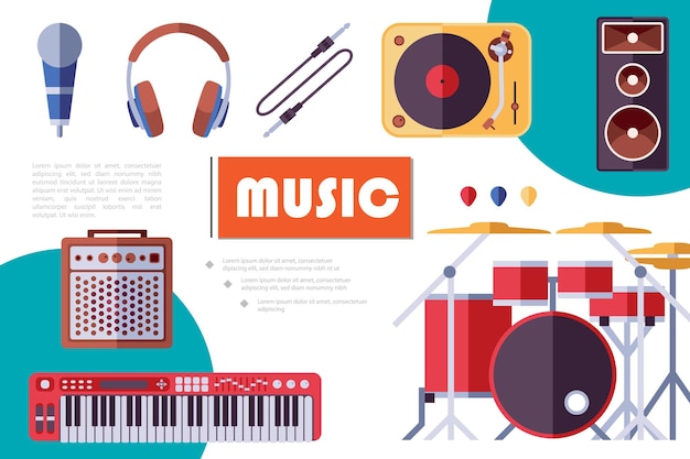 Flat musical instruments composition with electric guitars plectrums headphones audio speaker drum kit microphone vinyl player subwoofer synthesizer  illustration