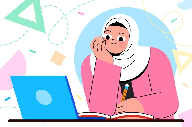 Flat muslim girls education illustration