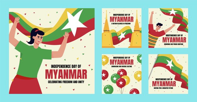 Vettore gratuito collezione di post su instagram per la giornata dell'indipendenza del myanmar