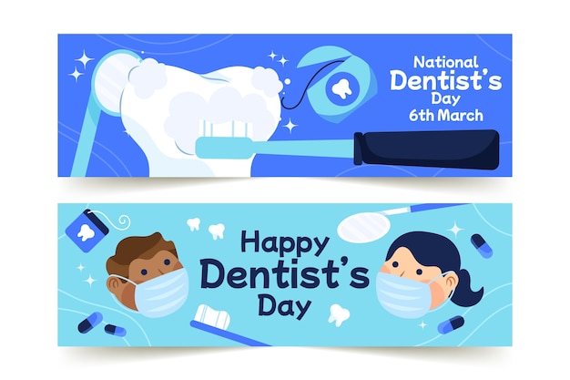 Flat national dentist's day horizontal banners set