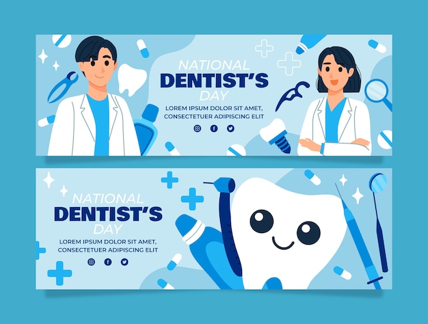 Vettore gratuito set di banner orizzontali per il giorno del dentista nazionale piatto