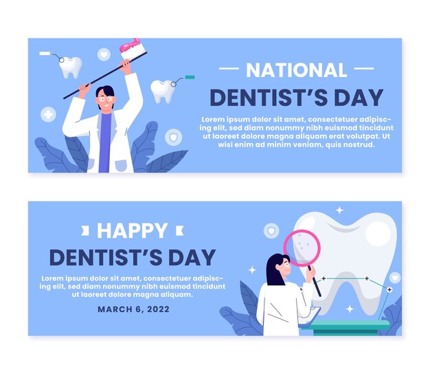 Плоский национальный день стоматолога набор горизонтальных баннеров