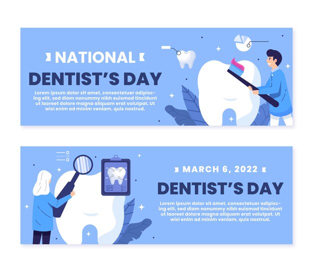 Плоский национальный день стоматолога набор горизонтальных баннеров