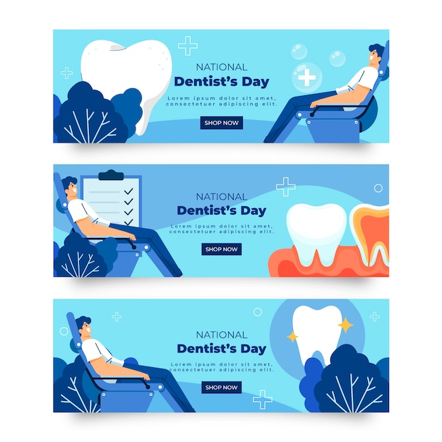 Бесплатное векторное изображение Плоский национальный день стоматолога набор горизонтальных баннеров