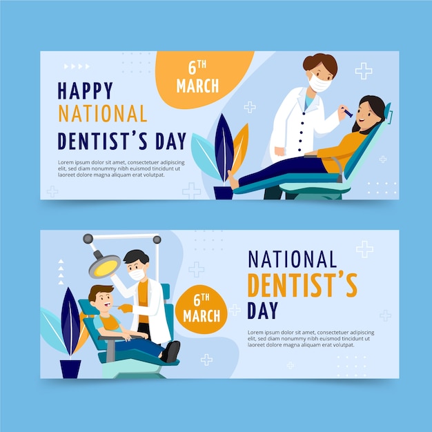 Flat national dentist's day horizontal banners set