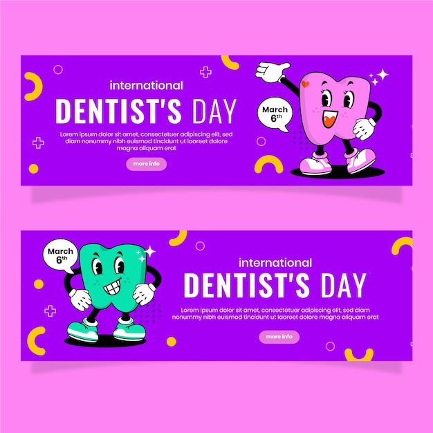 Бесплатное векторное изображение Плоский национальный день стоматолога набор горизонтальных баннеров