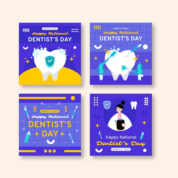 Vettore gratuito collezione di post instagram per il giorno del dentista nazionale piatto