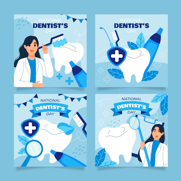 Free vector flat national dentist's day instagram posts collection