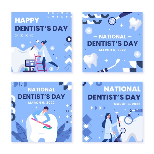 Free vector flat national dentist's day instagram posts collection