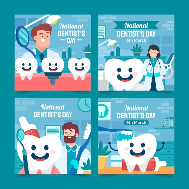 Vettore gratuito collezione di post instagram per il giorno del dentista nazionale piatto
