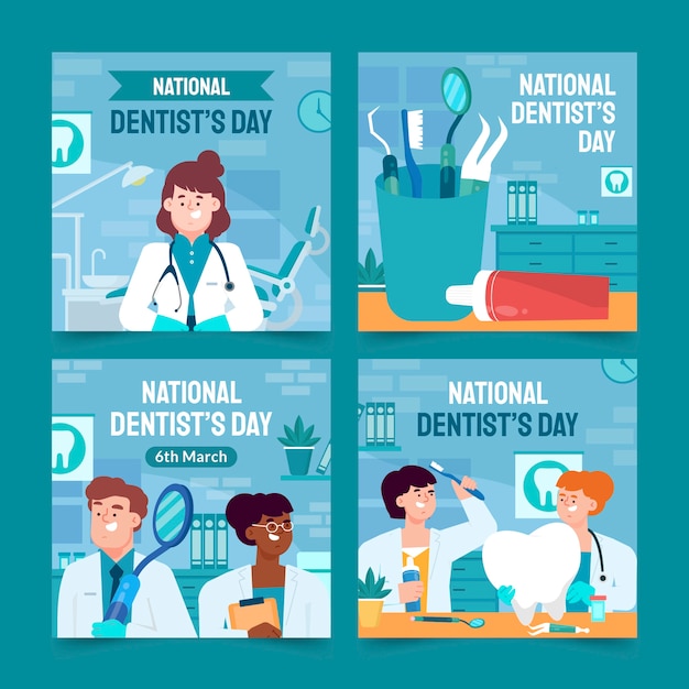 Free vector flat national dentist's day instagram posts collection