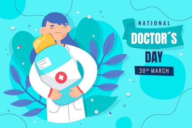 薬瓶を保持している医師とフラットな全国医師の日の背景