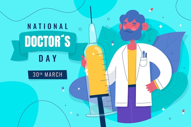 Flat national doctor's day background with doctor and syringe