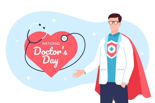 Плоский национальный день врача фон с медиком в плаще