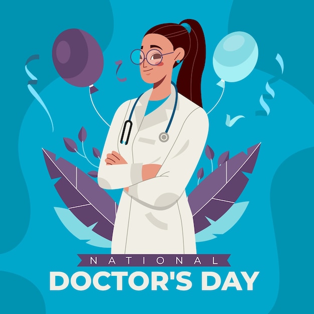 여성 의료진과 평면 국가 의사의 날 그림