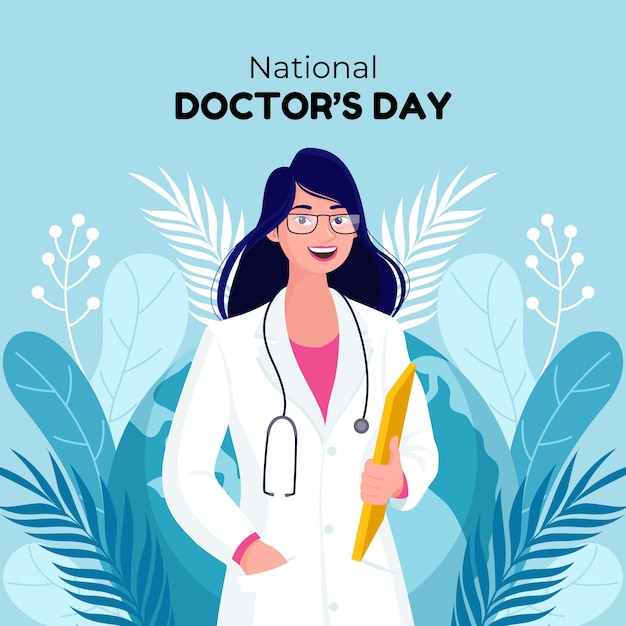 여성 의료진과 평면 국가 의사의 날 그림
