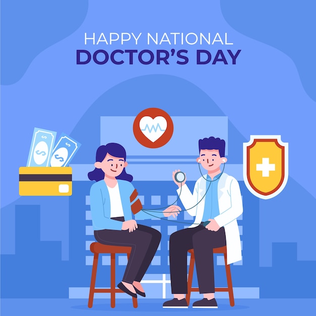 Плоская иллюстрация национального дня врача с врачом, консультирующим пациента