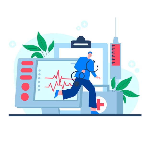 Flat national doctor's day illustration with medic running with stethoscope