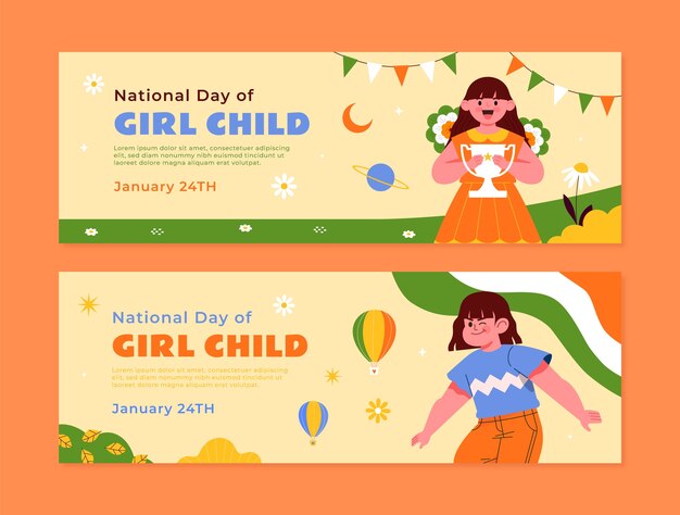 flat national girl child day celebration horizontal banners set