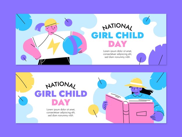 Бесплатное векторное изображение Плоский национальный день девочек горизонтальные баннеры набор