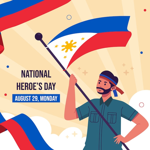 Плоская иллюстрация дня национальных героев с человеком, держащим флаг