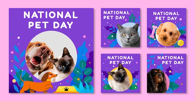 Free vector flat national pet day instagram posts collection