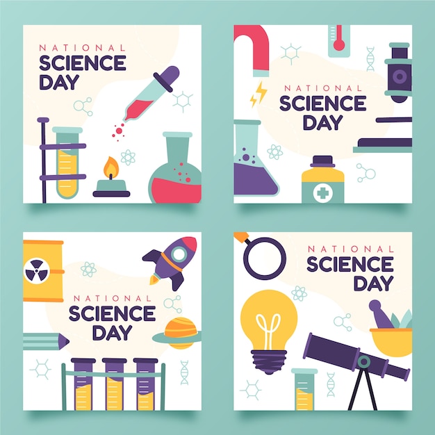 Vettore gratuito raccolta di post di instagram per la giornata nazionale della scienza piatta