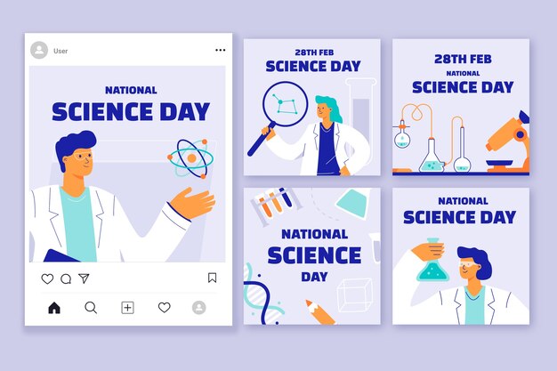 Flat national science day instagram posts collection