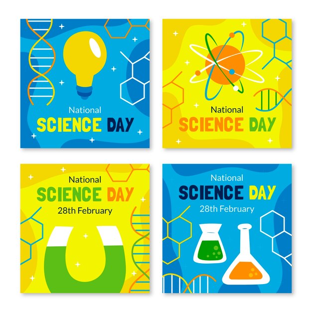 Flat national science day instagram posts collection