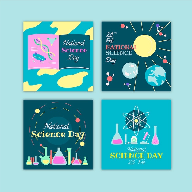 Free vector flat national science day instagram posts collection