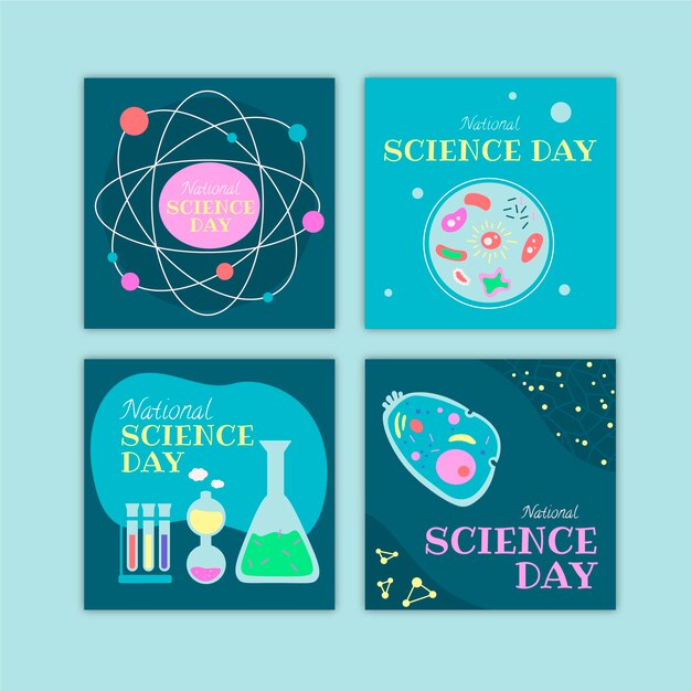 Vettore gratuito collezione di post instagram per la giornata nazionale della scienza piatta