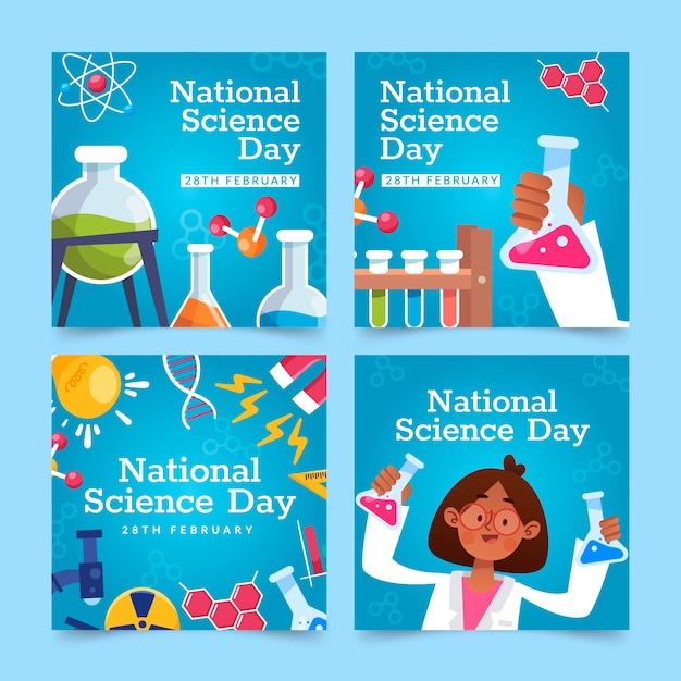 Vettore gratuito collezione di post instagram per la giornata nazionale della scienza piatta