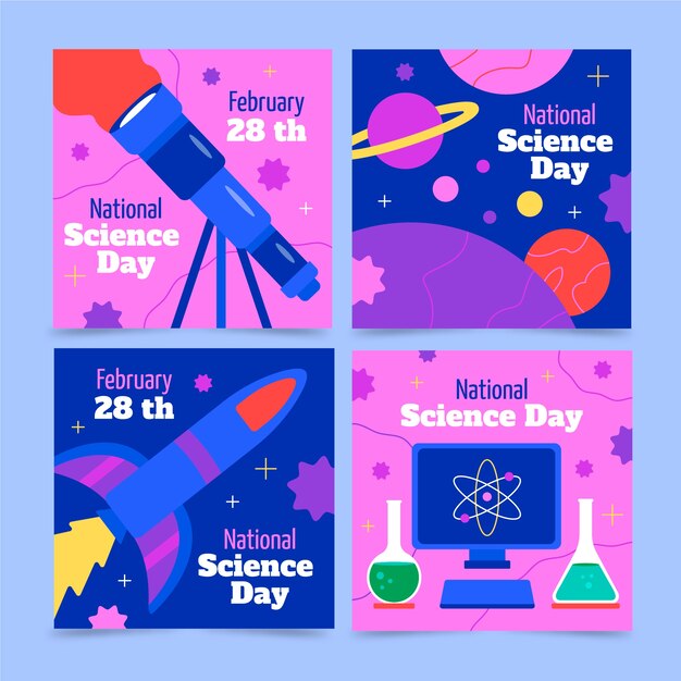 Flat national science day instagram posts collection