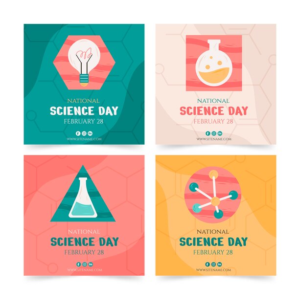 Free vector flat national science day instagram posts collection