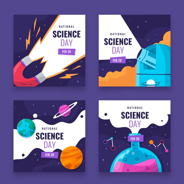 Flat national science day instagram posts collection