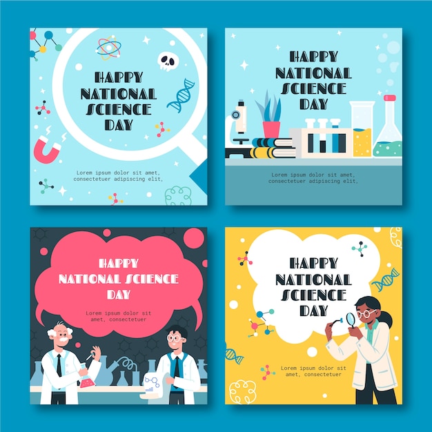 Free vector flat national science day instagram posts collection