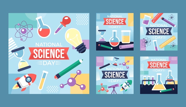 Free vector flat national science day instagram posts collection