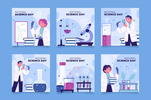 Flat national science day instagram posts collection