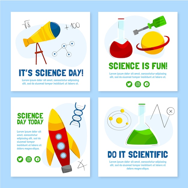 Free vector flat national science day instagram posts collection