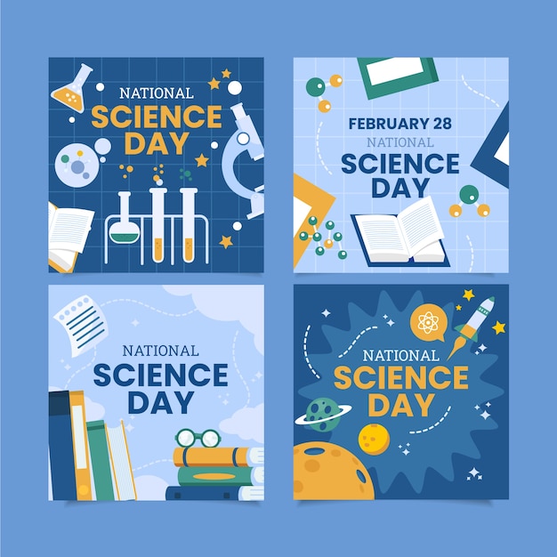 Free vector flat national science day instagram posts collection