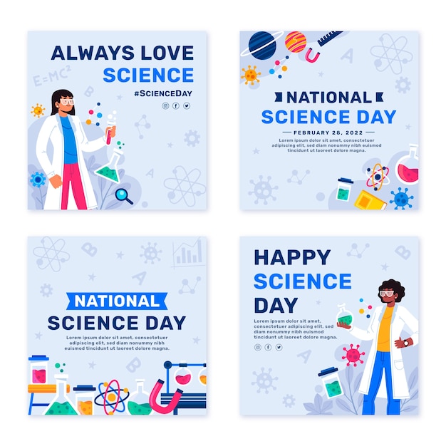 Free vector flat national science day instagram posts collection