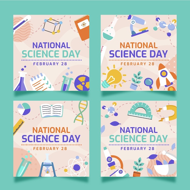 Free vector flat national science day instagram posts collection