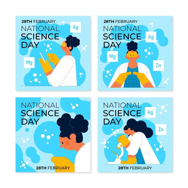 Free vector flat national science day instagram posts collection