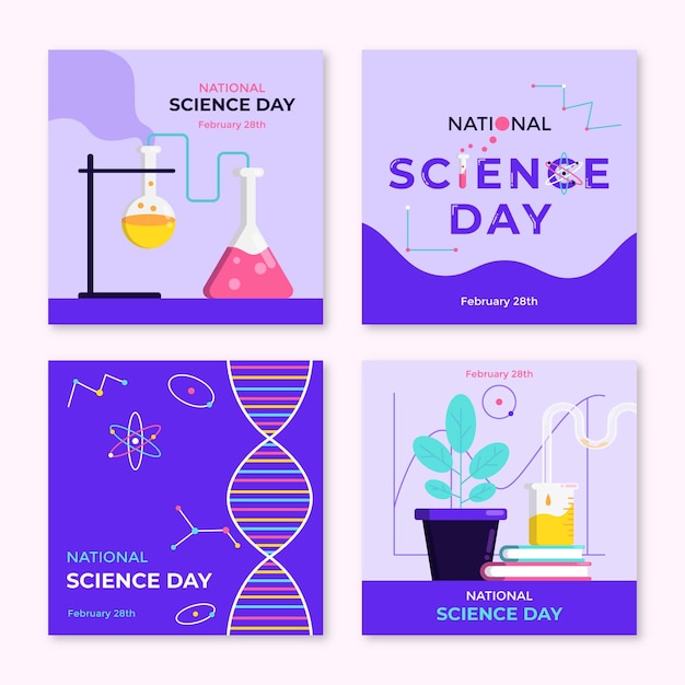 Vettore gratuito collezione di post di instagram per la giornata nazionale della scienza piatta