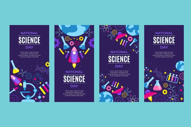 Free vector flat national science day instagram stories collection