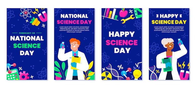 Free vector flat national science day instagram stories collection