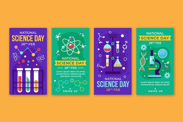 Free vector flat national science day instagram stories collection